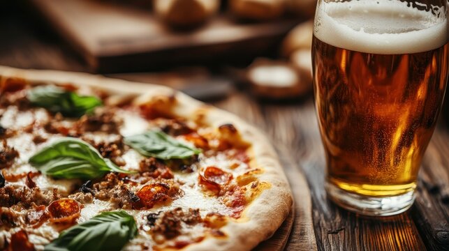 A mouth-watering pizza topped with fresh ingredients paired with a chilled beer creates an inviting scene for social gatherings or casual dining experiences with friends.
