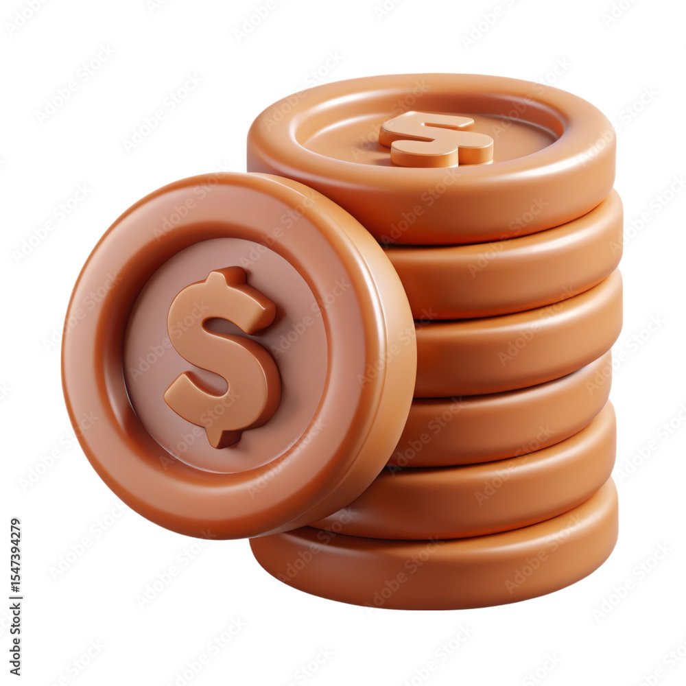Poster pile of bronze coins with dollar sign 3d rendering plasticstyle icon isolated on transparent backgro