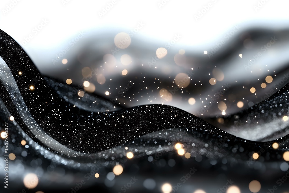 Poster abstract black waves with golden bokeh lights and glitter sparkles creating magical flowing backgrou