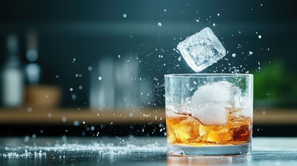 A dramatic shot of ice cubes splashing into a glass of whiskey, capturing the refreshing moment that enhances the richness of the drink and elevates the experience.