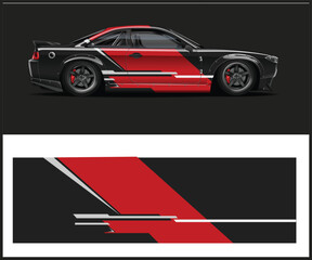 Sleek Black Sports Car with Red and White Racing Stripe Design