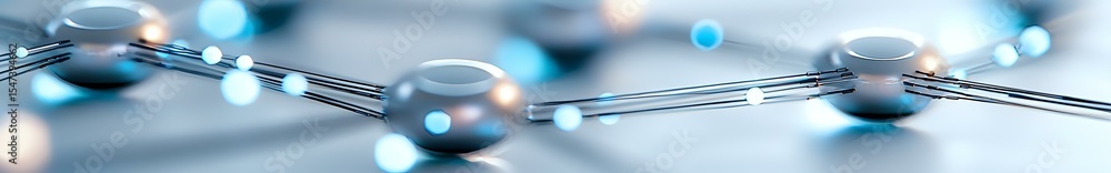 Poster metallic spheres connected by chrome rods on reflective surface with blue bokeh lights creating mode