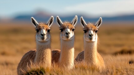 Obraz premium A charming trio of llamas stands together in a beautiful landscape, exhibiting their adorable expressions against a backdrop of rolling hills and open fields.
