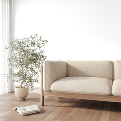 Transparent wall PNG mockup of Scandinavian beige sofa and potted olive tree in cozy minimal...