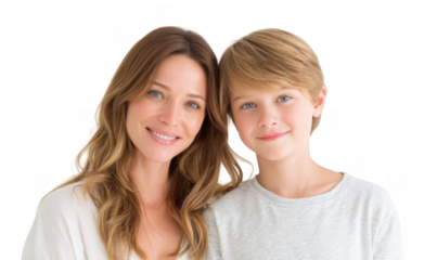A joyful woman and a young boy smiling warmly at the camera. set against a clean. white background. capturing a moment of happiness and connection. ideal for family-themed stock photography