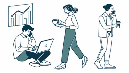Outline Flat Business People Set with Laptops and Phones