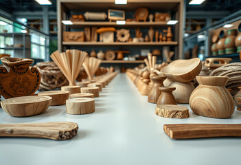 Fototapeta premium Artisan wooden bowls, vases, and sculptures displayed on a white table in a workshop