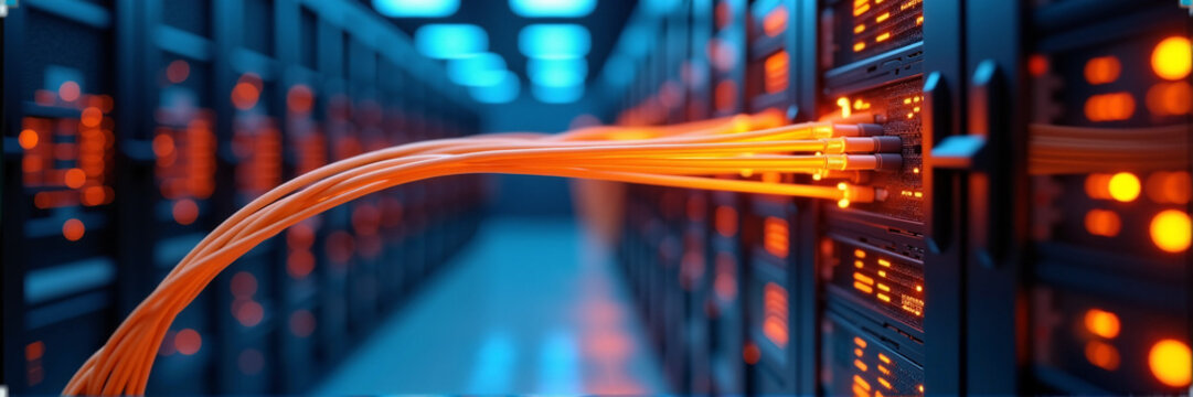Fiber optic cable connecting servers in modern data center.  High-speed internet connection infrastructure. Fiber optic cables provide fast data transfer. - Powered by Adobe