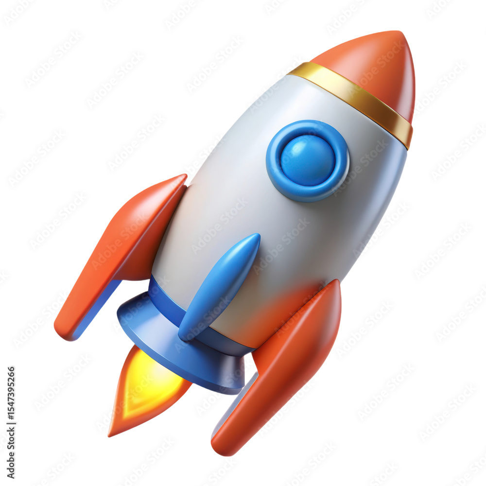 Poster shiny rocket launching 3d rendering plasticstyle icon with isolated transparent background,represent