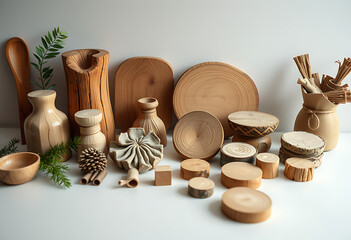 Collection of wooden objects arranged on white background, showcasing various shapes and sizes of natural wood.