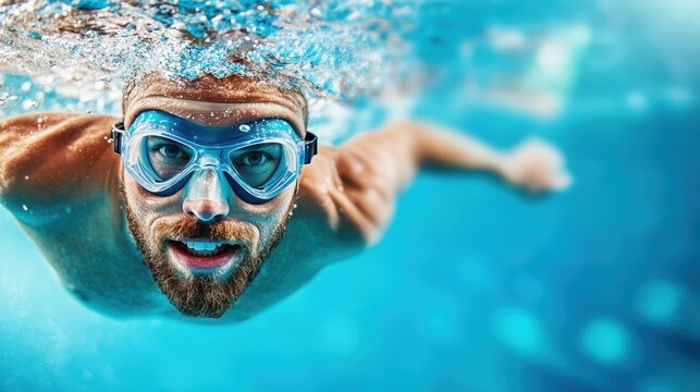 An enthusiastic swimmer with a beard and goggles dives into the crystal-clear water, showcasing the carefree spirit of aquatic adventures and the joy of playful exploration underwater.