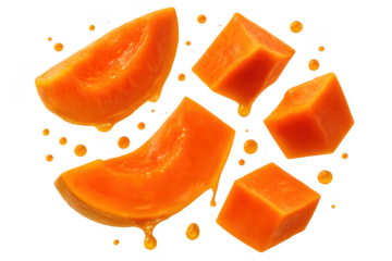 Vibrant juicy mango cubes with dripping juice isolated on transparent background