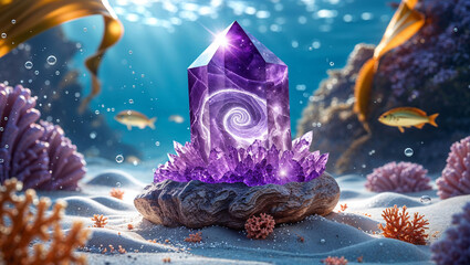 Underwater scene with a glowing amethyst crystal and marine life fantasy artistic illustration