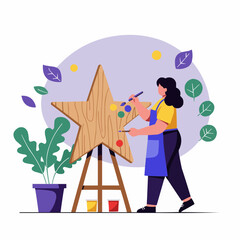 Woman painting a wooden star on an easel in a colorful studio  