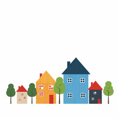 Colorful wooden houses with small trees on white background  