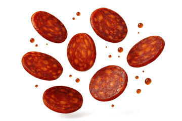 Fototapeta premium Chorizo sausage slices isolated on transparent background, spanish cuisine, tasty food