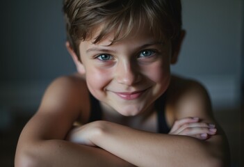 Young boy with mischievous smile and bright blue eyes