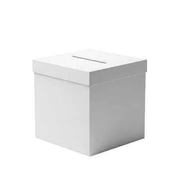 A clean, white ballot box with a slot on top, ideal for elections, raffles, suggestions, or collecting donations.