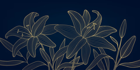 Vector line flower gold on blue background, leaf plant elegant luxury design. Garden art deco wedding illustration, blossom asian pattern, lilies