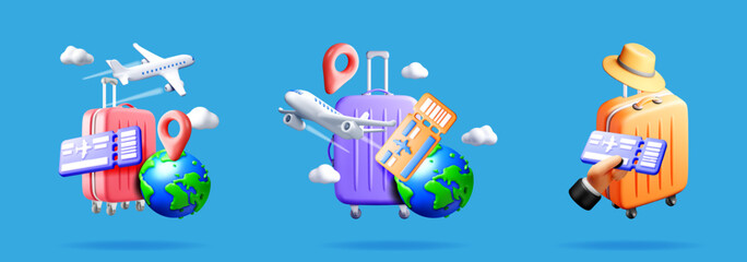 Three 3d vector illustrations of travel vacation objects including luggage, globe, airplane, ticket, and location pin.