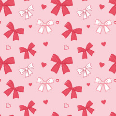 Seamless pink pattern with various bow knots, gift ribbons and hearts. For design projects, greeting cards, packaging, fashion accessories, and holiday decorations.