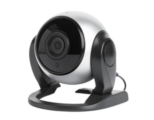 Modern silver and black webcam device with integrated lens and support stand on black background