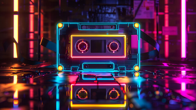 Neon lit cassette tape design futuristic retro music art concept in vibrant colours.