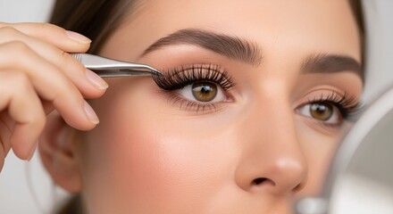 Applying false eyelash extensions with tweezers. Macro beauty close up. Lash extension service and beauty treatment concept. Image for banner, poster, wallpaper and advertisement