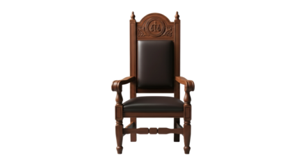 A classic wooden judge chair featuring a scales of justice symbol carved into its backrest and comfortable leather upholstery.