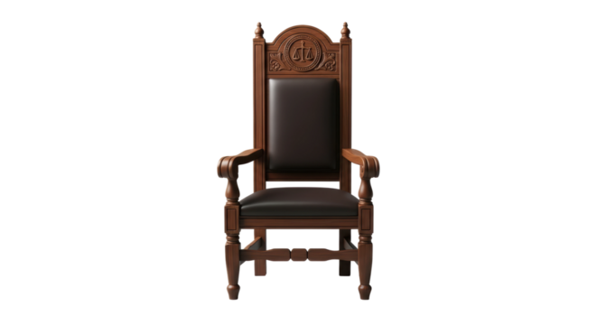 A classic wooden judge chair featuring a scales of justice symbol carved into its backrest and comfortable leather upholstery.