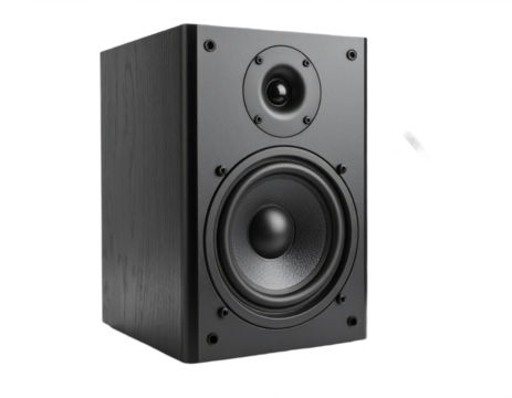 A close-up studio shot of a modern black speaker on a plain black background