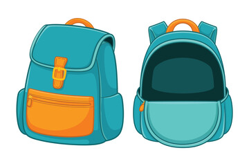 Teal Backpack with Orange Detail Closed and Open Views