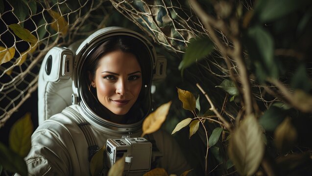 A smiling astronaut in a spacesuit surrounded by green leaves and foliage, symbolizing exploration and nature