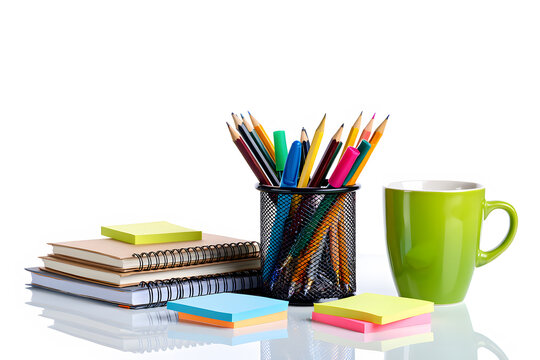 Elevate Your Productivity with Essential Desk Supplies A Vibrant Still Life Featuring Notebooks, Sticky Notes, Pens, Pencils, and a Refreshing Green Mug on White Backdrop
