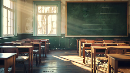 Empty old classroom interior with sunlight streaming through window and desks