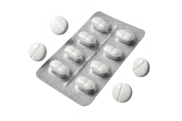 White pills and blister pack isolated on transparent background, medicine