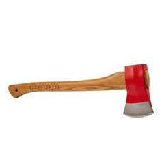 A sturdy axe featuring a natural wooden handle and a bright red steel head with a sharp blade, ready for outdoor tasks like chopping wood and forestry.