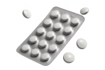 Blister pack of white pills isolated on transparent background, medications