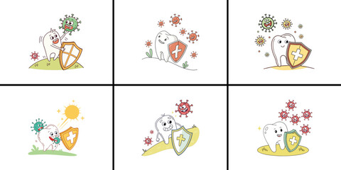 Six Cartoon Teeth with Shields Protecting Against Viruses V E C T O R Illustration White Background tooth