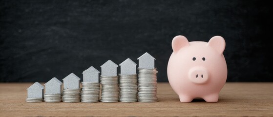Pink Piggy Bank and Rising Stacked Coins with Miniature Houses