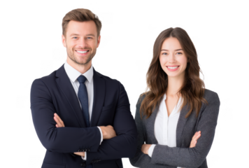 A confident business couple stands side by side. smiling with arms crossed. in a professional setting. showcasing teamwork and success against a clean. white background