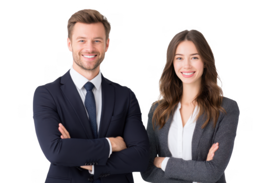 A confident business couple stands side by side. smiling with arms crossed. in a professional setting. showcasing teamwork and success against a clean. white background