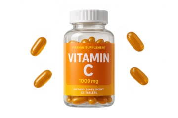 Vitamin C capsules and bottle isolated on transparent background, 1000 mg supplement