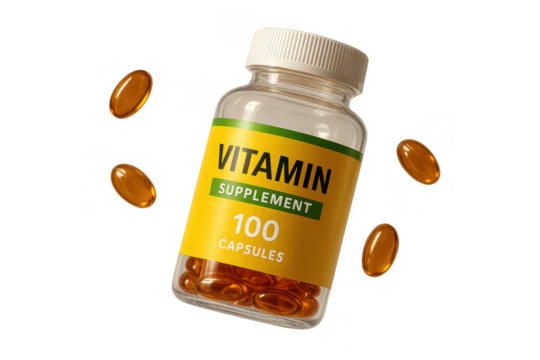 Vitamin supplement capsules in bottle, isolated on a transparent background view.