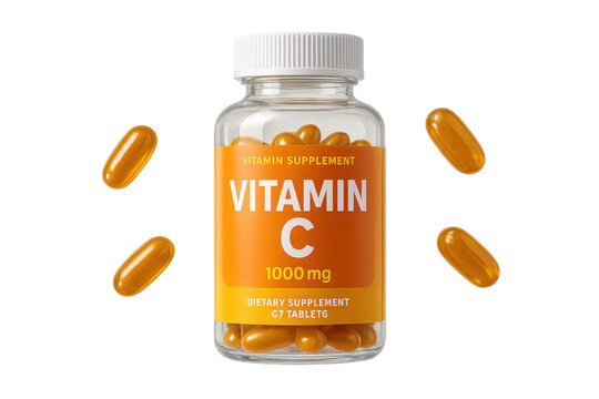 Vitamin C capsules and bottle isolated on transparent background, 1000 mg supplement