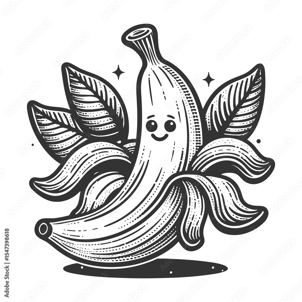 Poster happy banana with leaves, playful character design sketch engraving generative ai fictional characte