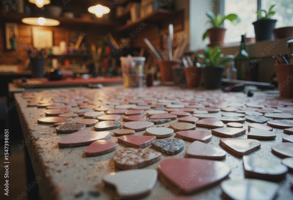 Poster mosaic tiles arranged in random colors on a creative workspace table