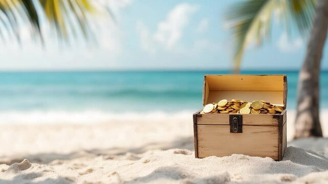 Wooden treasure chest filled with gold coins on sandy beach under sunny sky with ocean background