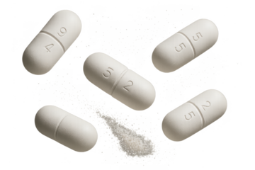 Scattered white pills with numbers, isolated on a transparent background, medicine
