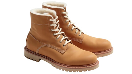 A pair of tan boots with white laces. The boots are made of leather and have a brown color